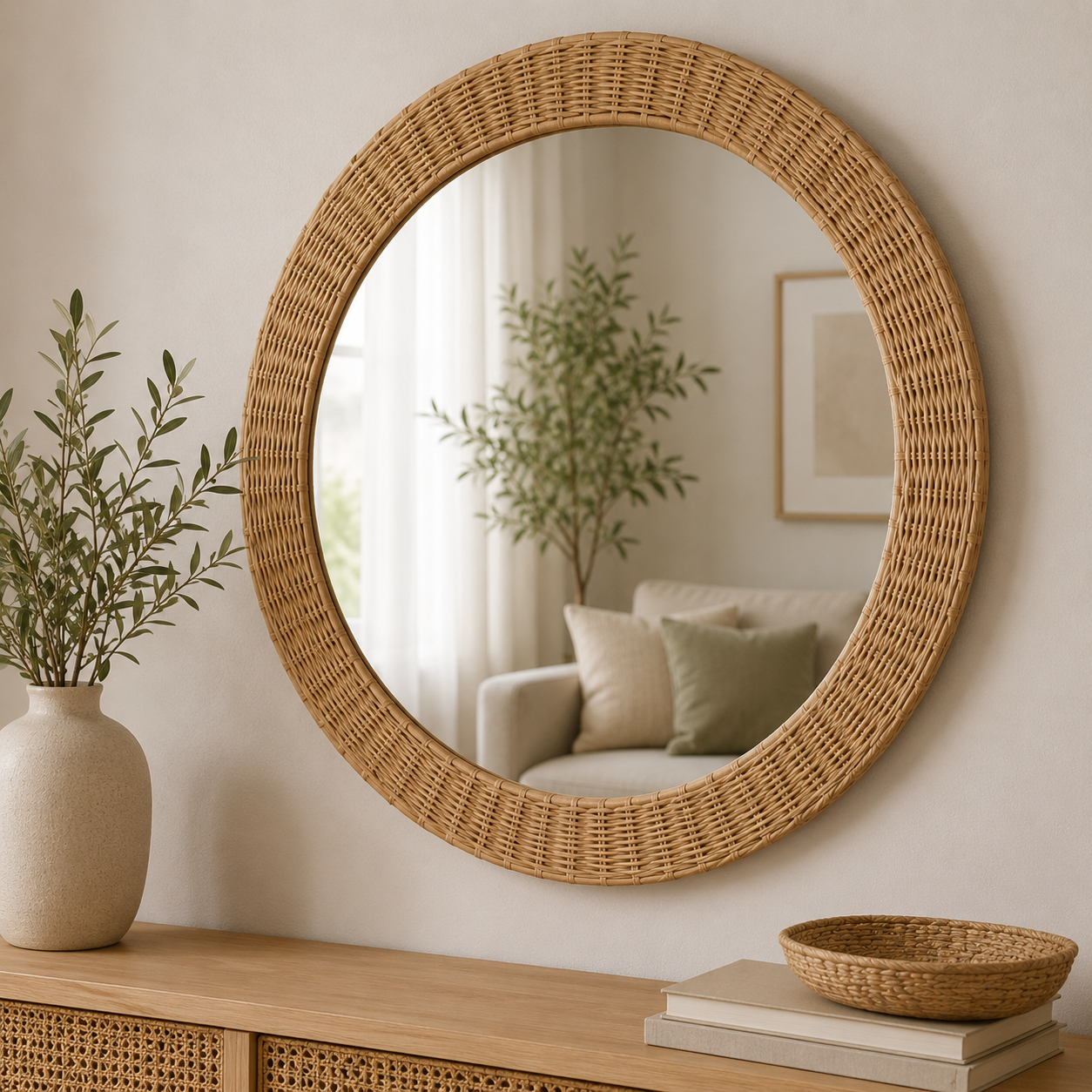 Round Mirror Rattan Frame